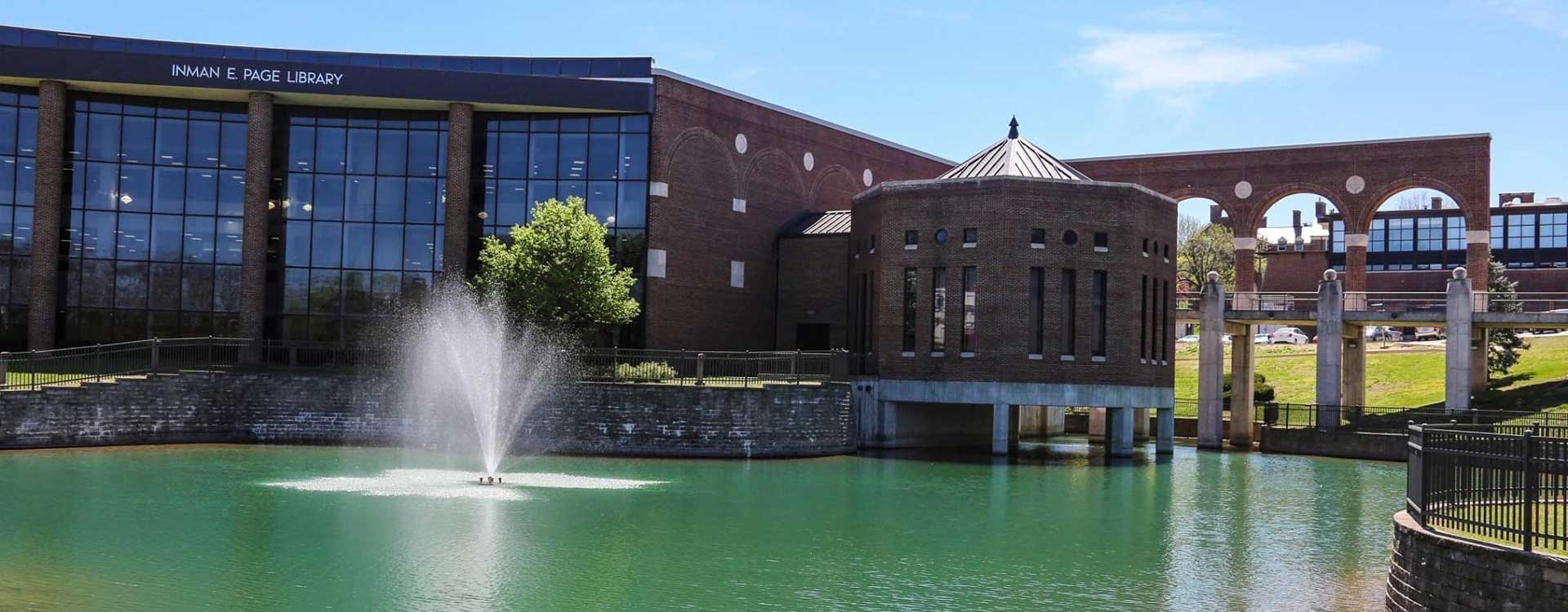 Inman E. Page Library building with fountain out front